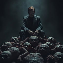 A menacing serial killer sitting confidently atop a pile of corpses, surrounded by a dark and ominous background that enhances the chilling atmosphere
