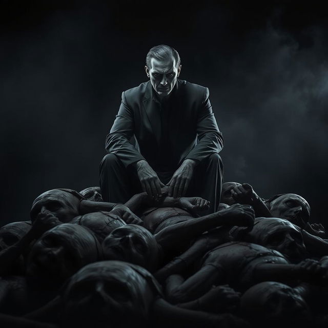 A menacing serial killer sitting confidently atop a pile of corpses, surrounded by a dark and ominous background that enhances the chilling atmosphere