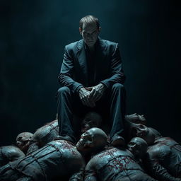 A menacing serial killer sitting confidently atop a pile of corpses, surrounded by a dark and ominous background that enhances the chilling atmosphere