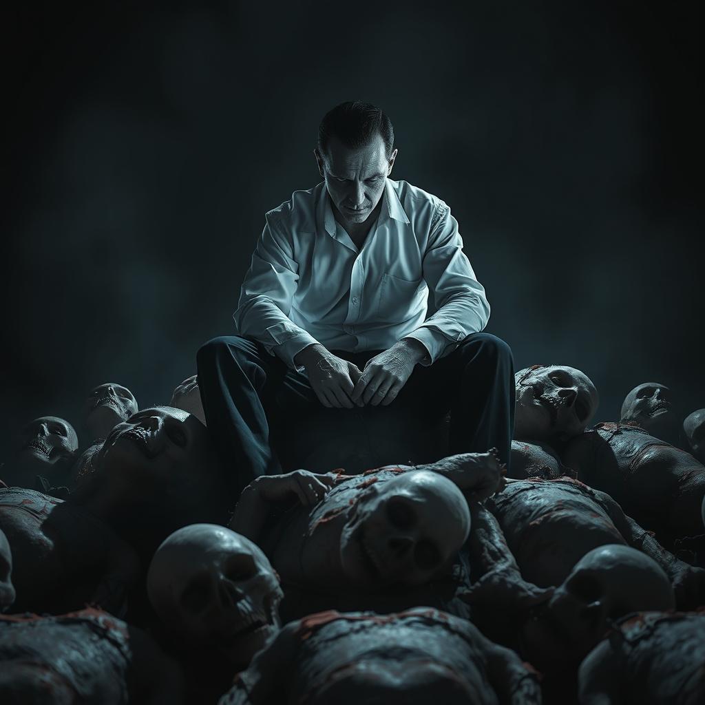 A menacing serial killer sitting confidently atop a pile of corpses, surrounded by a dark and ominous background that enhances the chilling atmosphere