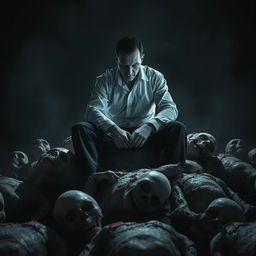 A menacing serial killer sitting confidently atop a pile of corpses, surrounded by a dark and ominous background that enhances the chilling atmosphere