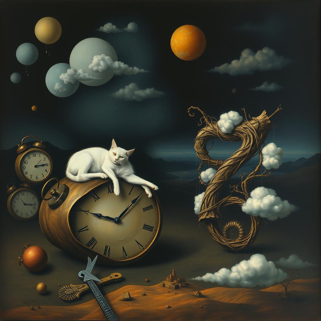 A surreal painting inspired by Salvador Dalí's 'The Persistence of Memory' featuring dark colors and a dreamy atmosphere