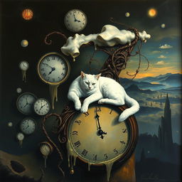 A surreal painting inspired by Salvador Dalí's 'The Persistence of Memory' featuring dark colors and a dreamy atmosphere