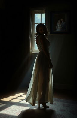An artistic representation of a woman standing alone in a dimly lit room, her expression one of heartbreak and betrayal