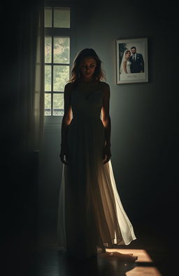 An artistic representation of a woman standing alone in a dimly lit room, her expression one of heartbreak and betrayal