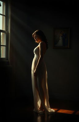 An artistic representation of a woman standing alone in a dimly lit room, her expression one of heartbreak and betrayal