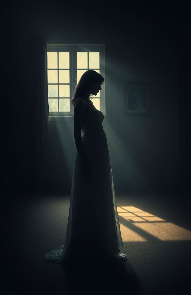 An artistic representation of a woman standing alone in a dimly lit room, her expression one of heartbreak and betrayal