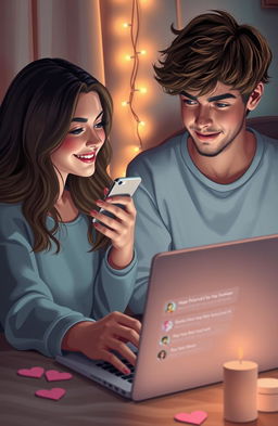 A romantic scene depicting a boy and a girl transitioning from being online friends to dating