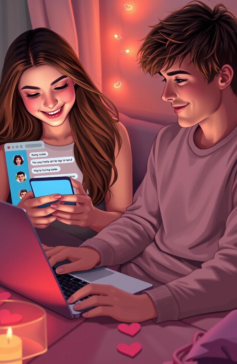 A romantic scene depicting a boy and a girl transitioning from being online friends to dating