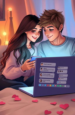 A romantic scene depicting a boy and a girl transitioning from being online friends to dating