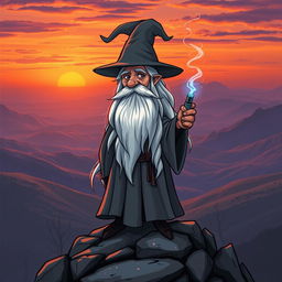 A whimsical depiction of Gandalf the Grey, the iconic wizard from J