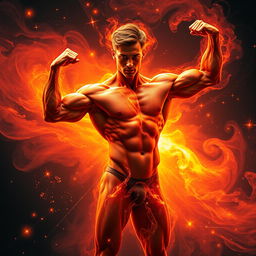 A striking representation of a muscular human figure symbolizing the early, vibrant universe, with a body that exudes strength and vitality
