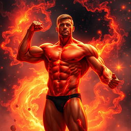 A striking representation of a muscular human figure symbolizing the early, vibrant universe, with a body that exudes strength and vitality