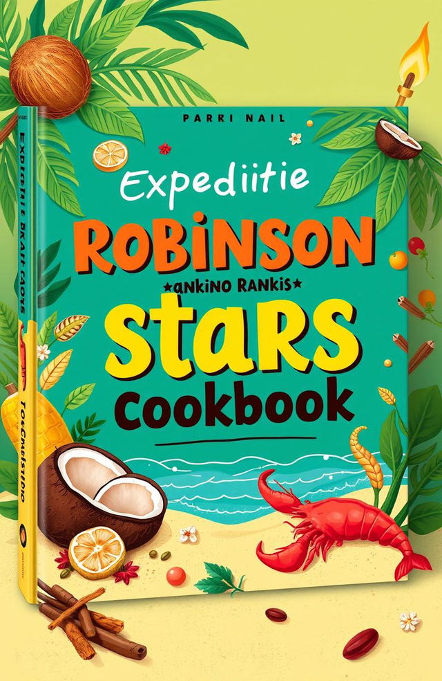 A beautifully designed cookbook cover inspired by a tropical island theme, reflecting the adventurous spirit of a culinary journey