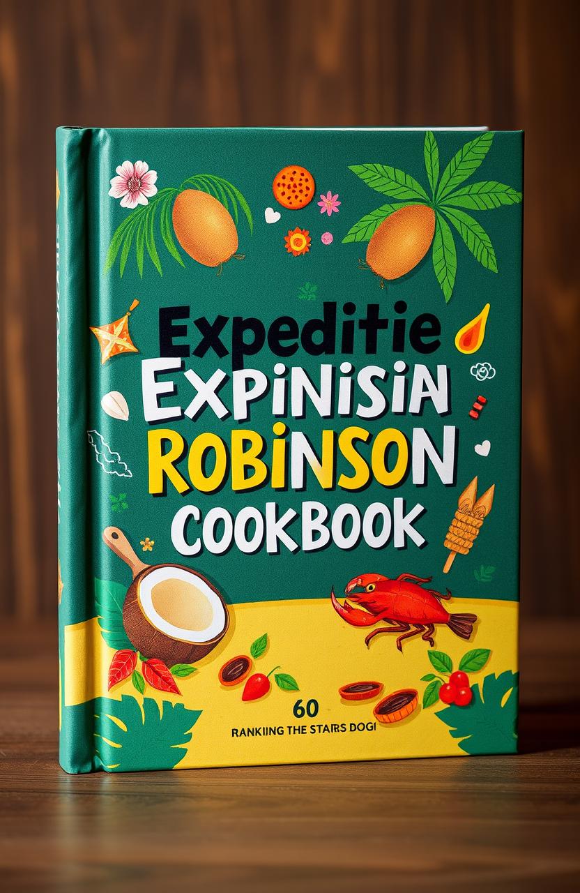 A beautifully designed cookbook cover inspired by a tropical island theme, reflecting the adventurous spirit of a culinary journey