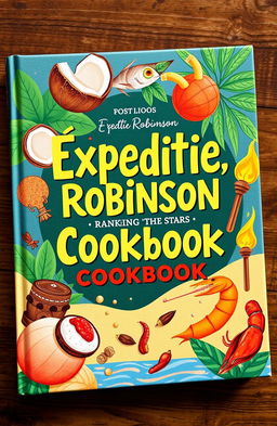 A beautifully designed cookbook cover inspired by a tropical island theme, reflecting the adventurous spirit of a culinary journey