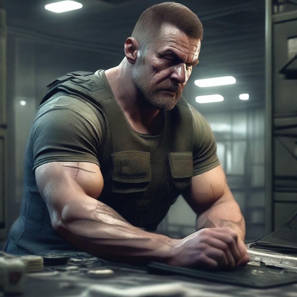 A high-quality digital art movie poster showcasing a muscular man engrossed in playing the game 'Escape from Tarkov'