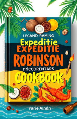 A beautifully designed cookbook cover inspired by a tropical island theme, reflecting the adventurous spirit of a culinary journey