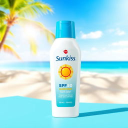 A stylish, colorful sunscreen bottle labeled 'Sunkiss' with SPF 50 prominently displayed on the front