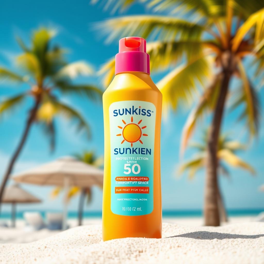 A stylish, colorful sunscreen bottle labeled 'Sunkiss' with SPF 50 prominently displayed on the front