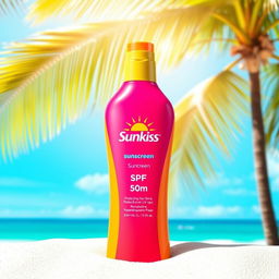 A stylish, colorful sunscreen bottle labeled 'Sunkiss' with SPF 50 prominently displayed on the front