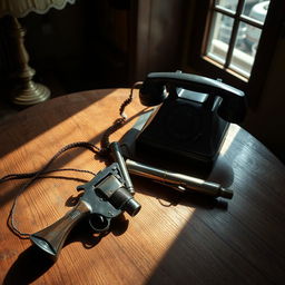 A vintage wooden table with a classic rotary dial telephone and an antique revolver lying beside it