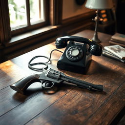 A vintage wooden table with a classic rotary dial telephone and an antique revolver lying beside it