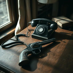 A vintage wooden table with a classic rotary dial telephone and an antique revolver lying beside it