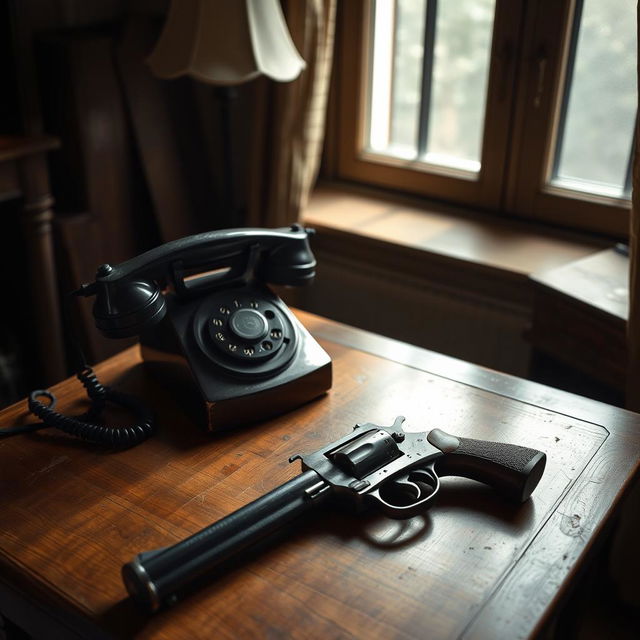 A vintage wooden table with a classic rotary dial telephone and an antique revolver lying beside it