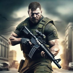 A high-quality digital art movie poster showcasing a muscular man engrossed in playing the game 'Escape from Tarkov'