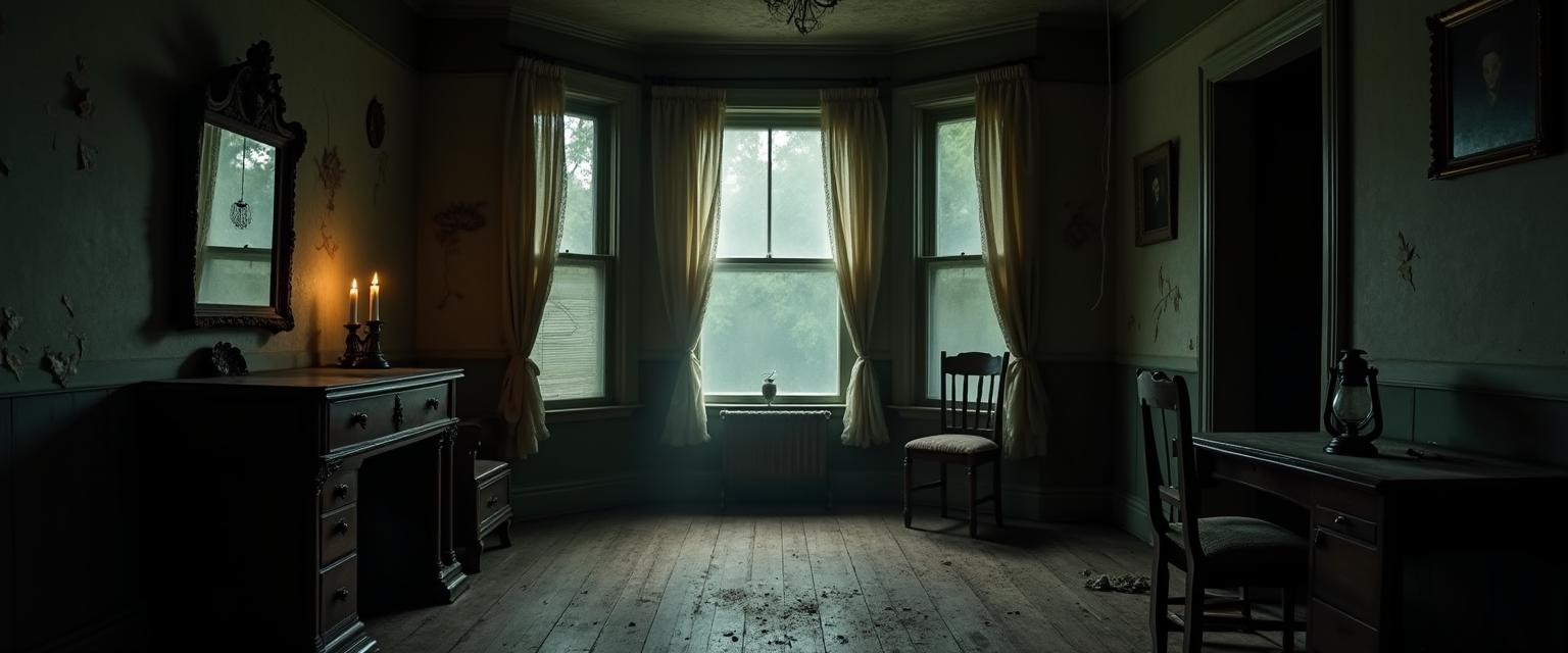 An interior of an old-fashioned house, depicting a dark and eerie atmosphere
