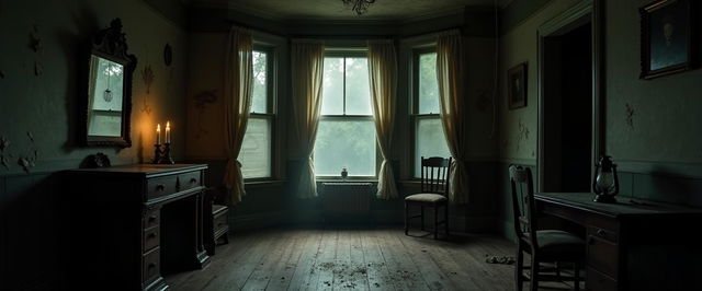An interior of an old-fashioned house, depicting a dark and eerie atmosphere