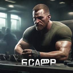 A high-quality digital art movie poster showcasing a muscular man engrossed in playing the game 'Escape from Tarkov'