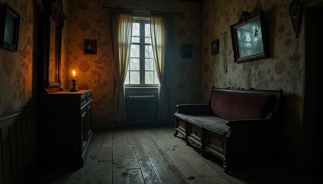 An interior of an old-fashioned house, showcasing a haunting and ominous atmosphere