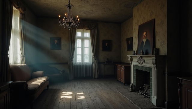 An interior of an old-style house, exuding a chilling and haunting atmosphere