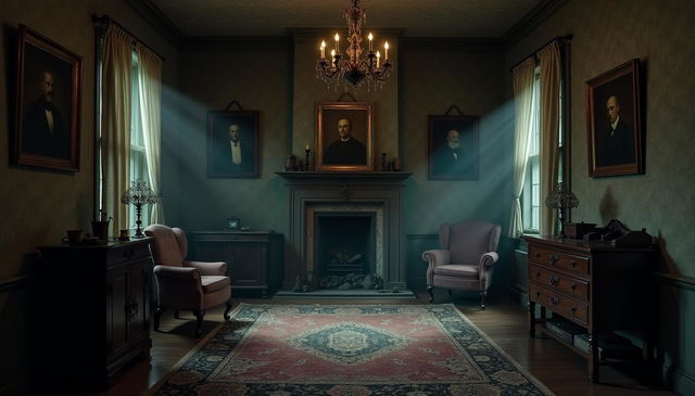 An interior of a traditional old house, enveloped in a chilling and suspenseful atmosphere