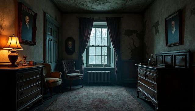 An interior of an old-fashioned house at night, enveloped in a chilling and haunting atmosphere