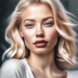 A high-quality digital art image captures a blonde Instagram model in a candid moment