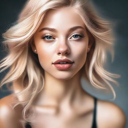 A high-quality digital art image captures a blonde Instagram model in a candid moment