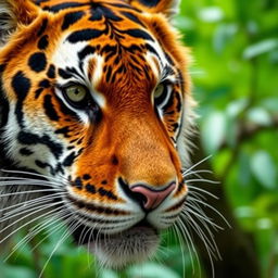 A close-up of a majestic tiger's face, showcasing its intense green eyes and distinct orange and black striped fur, with a hint of wetness on its whiskers, exuding power and grace