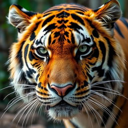 A close-up of a majestic tiger's face, showcasing its intense green eyes and distinct orange and black striped fur, with a hint of wetness on its whiskers, exuding power and grace