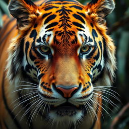 A close-up of a majestic tiger's face, showcasing its intense green eyes and distinct orange and black striped fur, with a hint of wetness on its whiskers, exuding power and grace