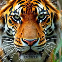 A close-up of a majestic tiger's face, showcasing its intense green eyes and distinct orange and black striped fur, with a hint of wetness on its whiskers, exuding power and grace