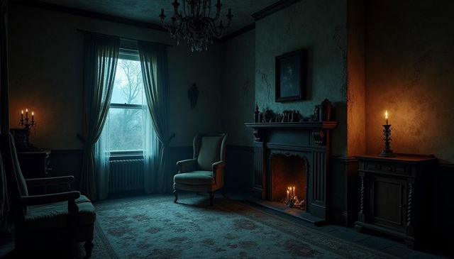 An interior of an old-fashioned house at night, filled with a chilling and eerie atmosphere