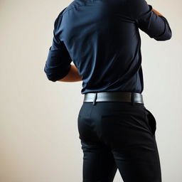A seductive scene featuring a sexy man dressed in sleek black suit pants and a dark blue button-up shirt