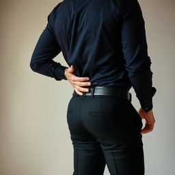 A seductive scene featuring a sexy man dressed in sleek black suit pants and a dark blue button-up shirt