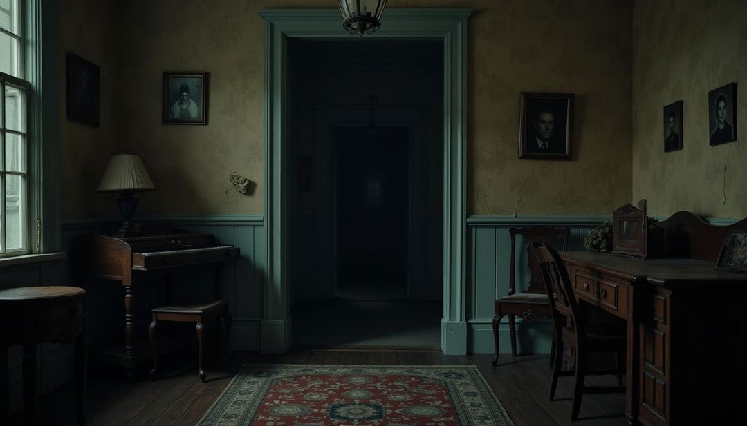 An interior of an old-fashioned house at night, featuring a dark, foreboding hallway that adds to the chilling atmosphere