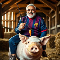 Narendra Modi sitting on a large pig in a rustic barn setting, wearing a Barcelona football jersey, smiling brightly
