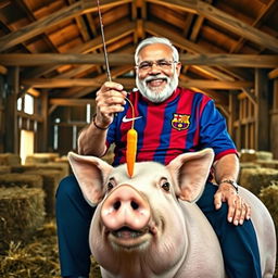 Narendra Modi sitting on a large pig in a rustic barn setting, wearing a Barcelona football jersey, smiling brightly