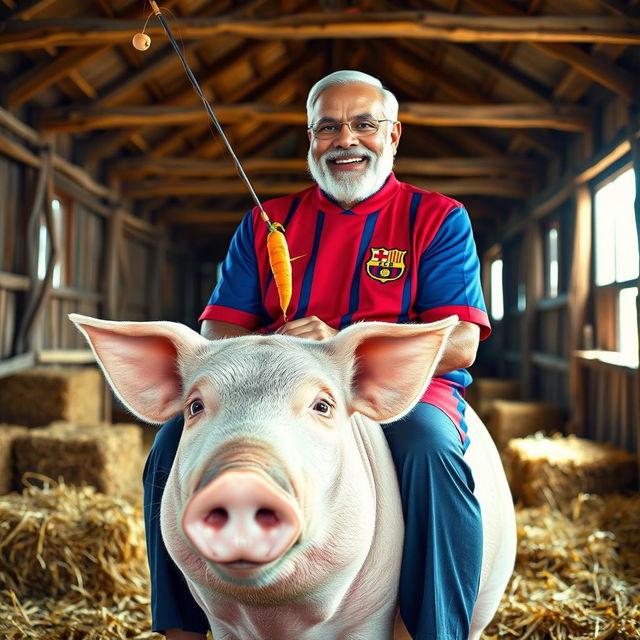 Narendra Modi sitting on a large pig in a rustic barn setting, wearing a Barcelona football jersey, smiling brightly